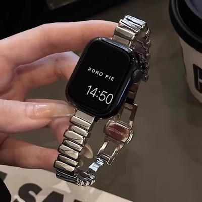 适用iwatch苹果手表applewatch表带s9版se女款s8高级感s10夏季ultra2小众不规则金属不锈钢创意表链条女生细