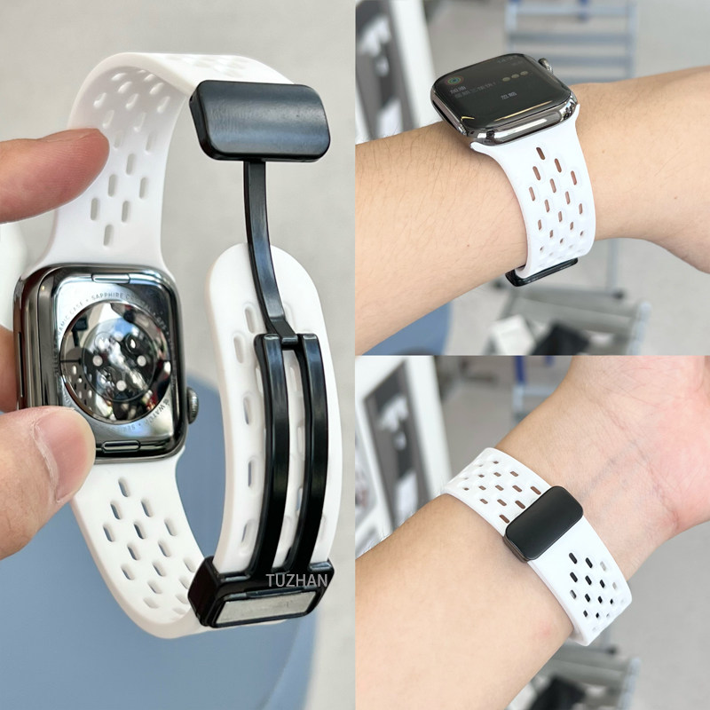 适用苹果iwatch8手表带s8洞洞s7硅胶se2磁吸ultra2夏天透气运动折叠扣新款s9创意男女高级感applewatch7表带