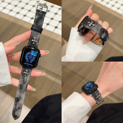 适用iwatch苹果手表表带s11牛仔真皮s10高级质感se秋冬ultra3高颜值s9新品男女生韩系applewatch腕表表带