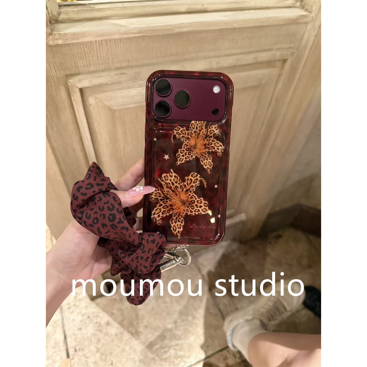秋冬酒红色豹纹百合花适用iPhone18promax手机壳15新款17pro网红女款13创意全包防摔18pro超好看17保护套