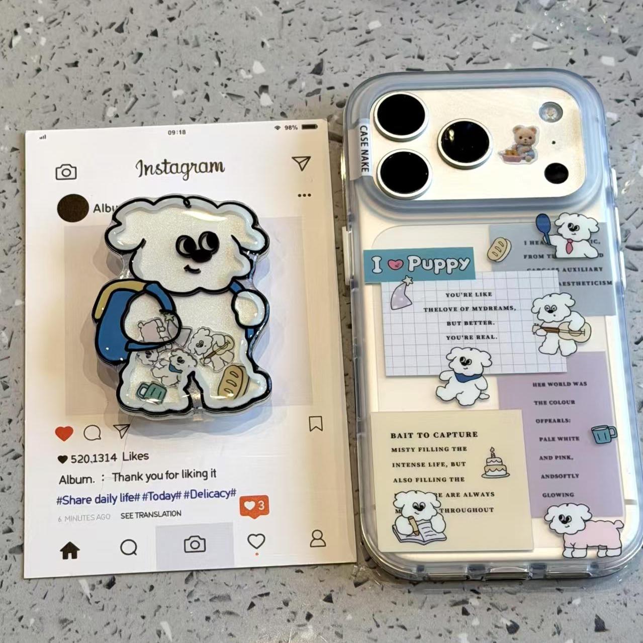 萌趣写字吉他小狗英文插图适用iPhone17promax手机壳15新款17pro网红女款13创意全包防摔16pro超好看17保护套