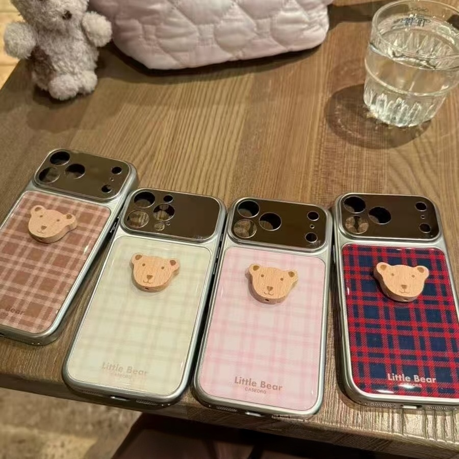 ins韩系格纹立体小熊适用iPhone17promax手机壳15新款17pro网红女款13创意全包防摔16pro超好看17保护套