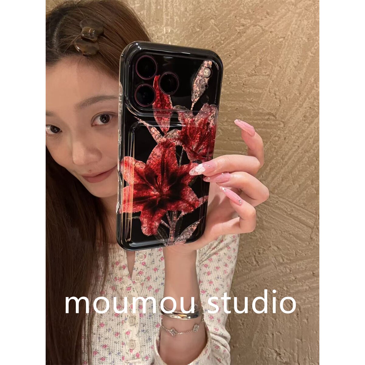 高级感酒红色百合花适用iPhone18promax手机壳15新款17pro网红女款13创意全包防摔18pro超好看17保护套