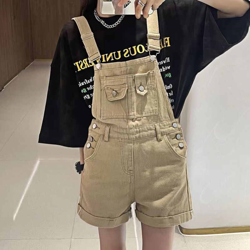 牛仔短裤女高腰设计感小众显瘦工装背带裤连体休闲卷边百搭热裤子