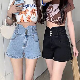 收腹超高腰短裤女夏薄款ins风弹力修身a字排扣交叉直筒牛仔热裤子