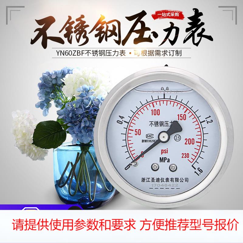 不锈钢轴向无边耐震压力表YN60ZBF 面板式压力表液压测量仪表仪器