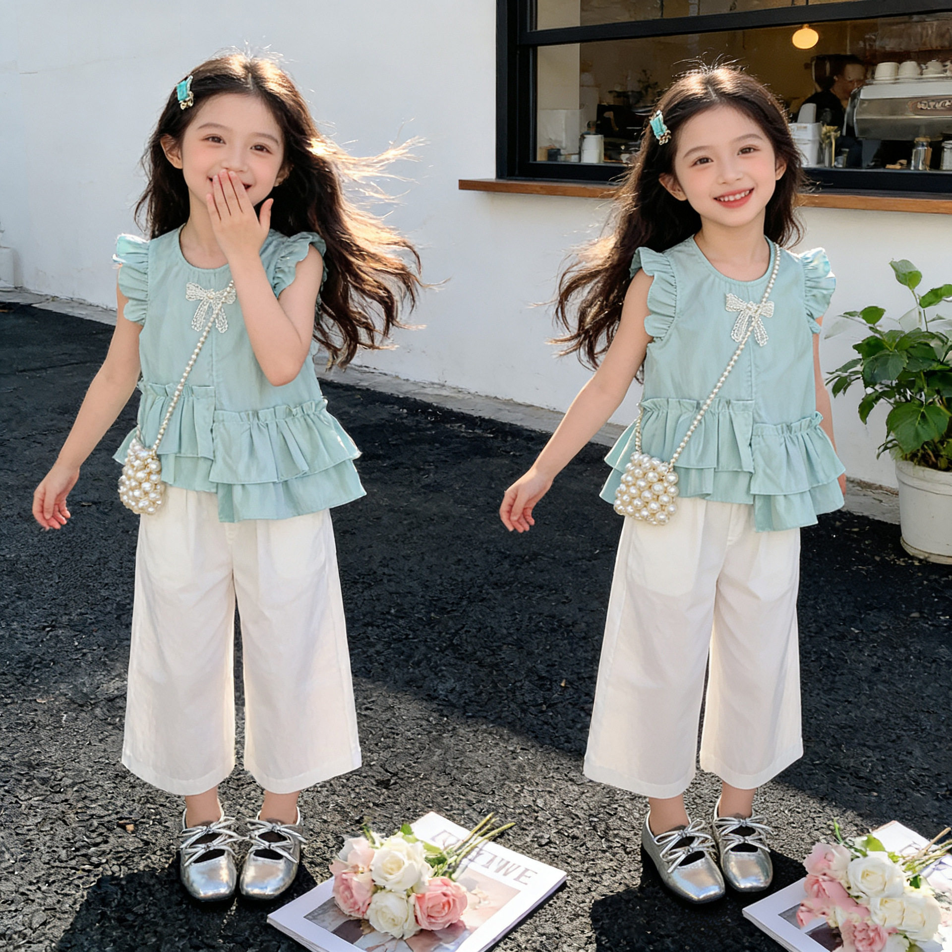 夏季女童时尚背心套装中大童甜美花边上衣女孩小飞袖宝宝口袋裤子