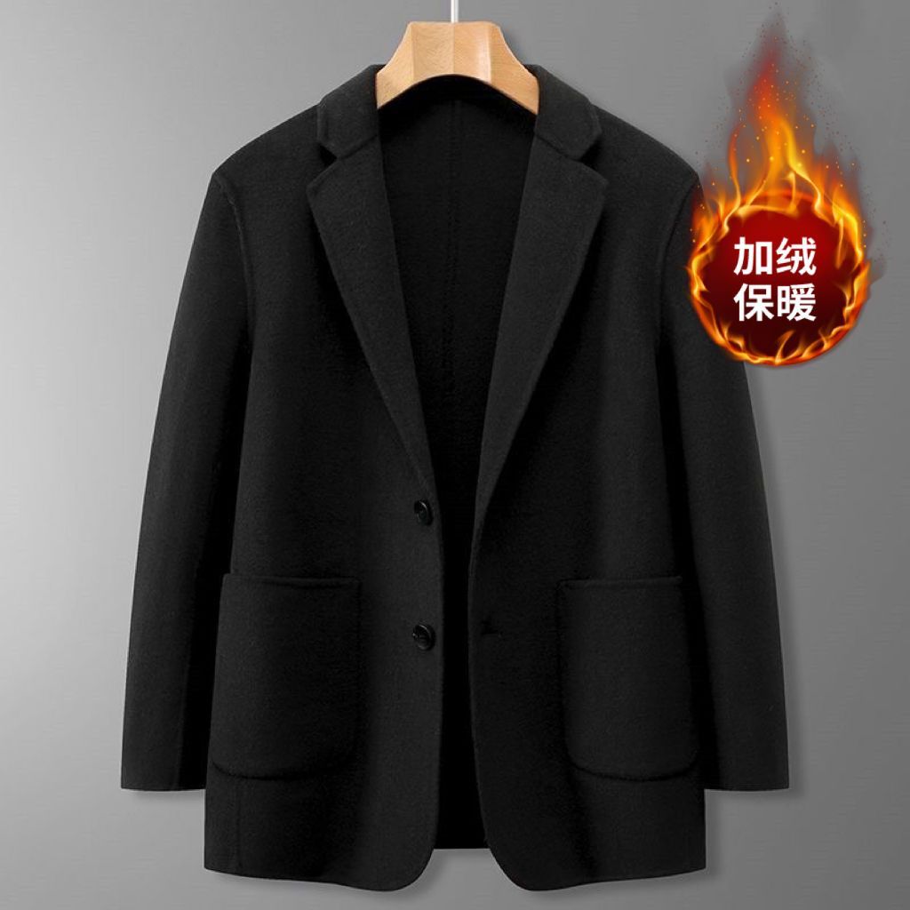 大码男装毛呢西服加肥加大码胖子宽松双面风衣男肥佬简约加绒外套
