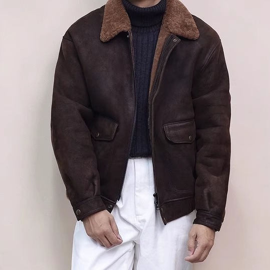2025休闲百搭秋冬款中年男士复古羊羔绒拼接翻领加厚保暖夹克外套