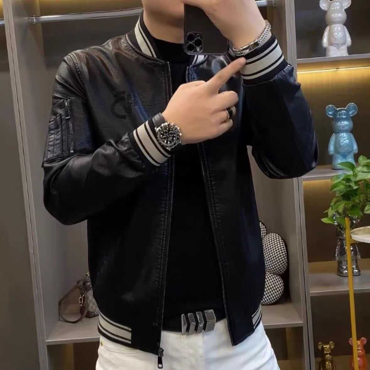 拼色男士织带休闲皮衣外套棒球领