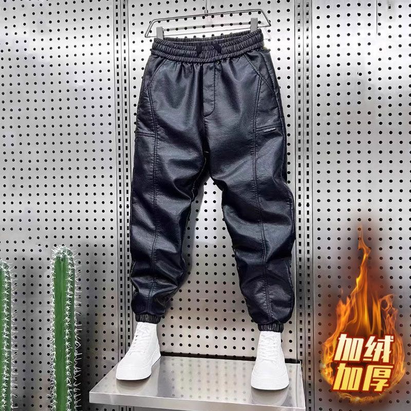 2025年秋冬新款中年男士潮流时尚百搭加绒保暖PU皮裤复古机车卫裤