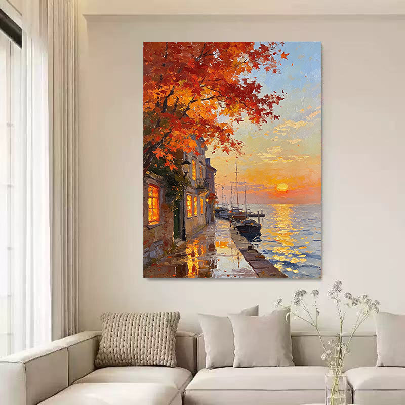 大芬村现代纯手绘油画夕枫渔港客厅装饰画高级感风景画玄关挂画,家居饰品,油画,淘宝优惠券,粉丝福利购,淘宝优惠卷