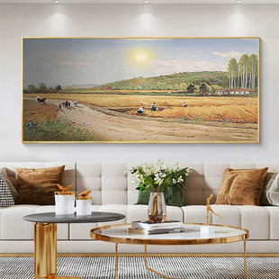 大芬村手绘油画田园风景客厅装 饰画麦田丰收高级感横幅肌理挂画