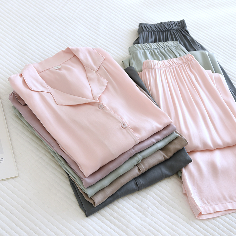 高品贡缎棉绸情侣睡衣女士春夏季薄款纯色家居服男士长袖长裤