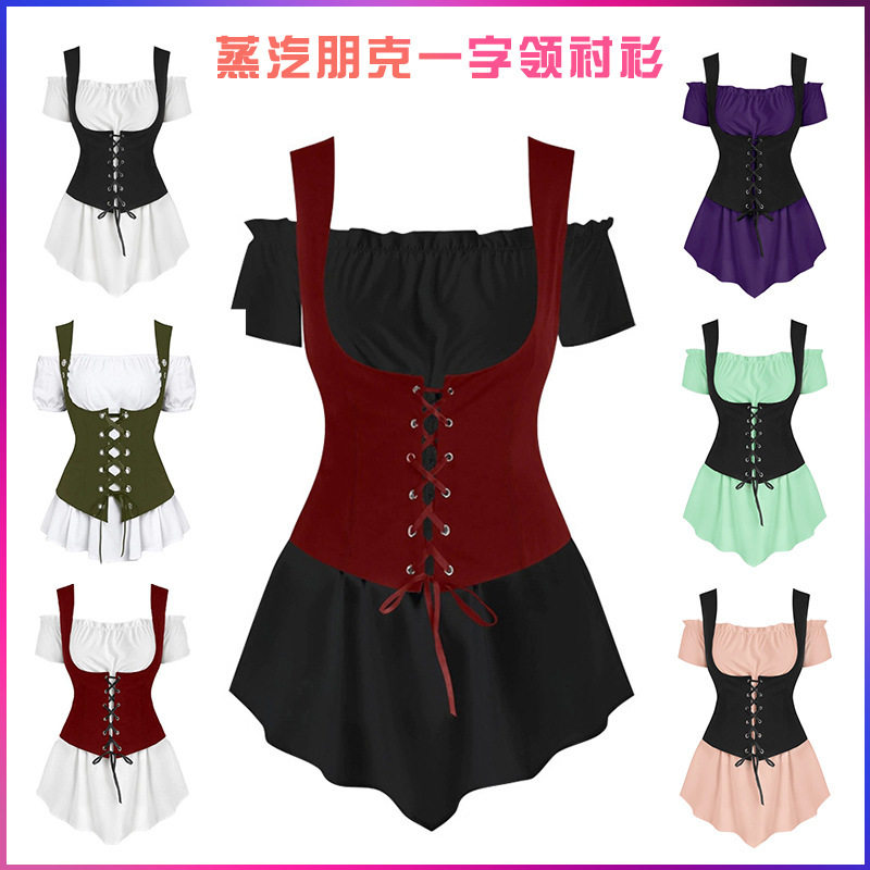 wish亚马逊热卖蒸汽朋克一字领衬衫绑带马甲朋克宫廷风女现货