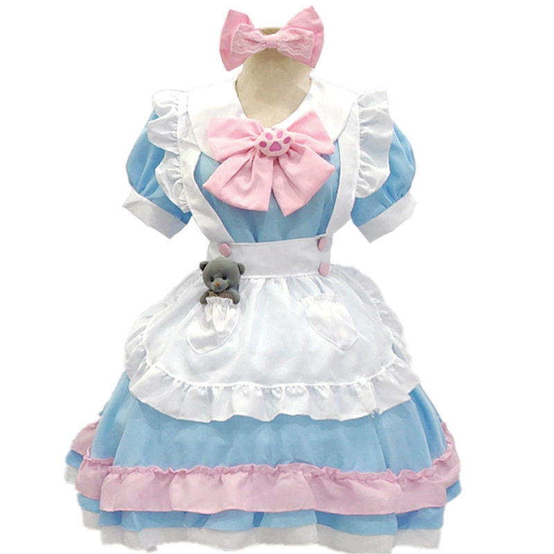 蓝色清纯日常女佣cos服甜美可爱学院风女仆装lolita连衣裙