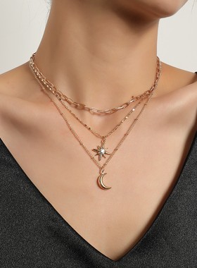 SPARKLE「月坠流光」欧美时尚月牙项链女镶钻六芒星小众锁骨链饰
