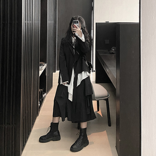 山本耀司风暗黑系女装2021春新款黑色西装上衣+松紧腰裙裤套装女