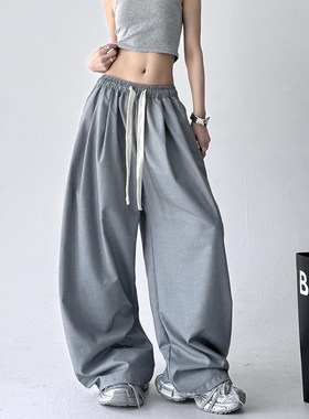 速干休闲裤女夏2025年新款高个子宽松显瘦阔腿裤灰色慵懒风运动裤