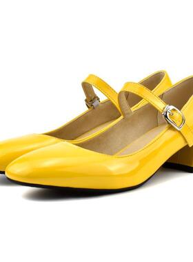鞋女女鞋春秋黄色蓝色学院扣带方头粗跟中跟大码单鞋 40-48 dlx