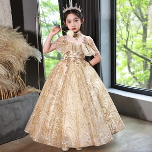 女童晚礼服高端金色亮片蓬蓬公主裙女孩婚纱主持人走秀钢琴演出服