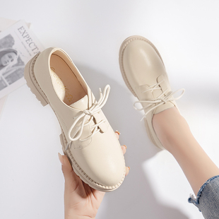 面试韩系小皮鞋女秋冬配裙子百搭系带真皮粗跟单鞋女2022新款气质