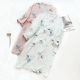 春夏薄款全棉日式和服袍女中长款浴衣纯棉纱布睡袍开衫和风加大码