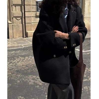 速发韩版c黑色双排扣羊s毛呢西装外套女宽松休闲高级感呢子大衣秋