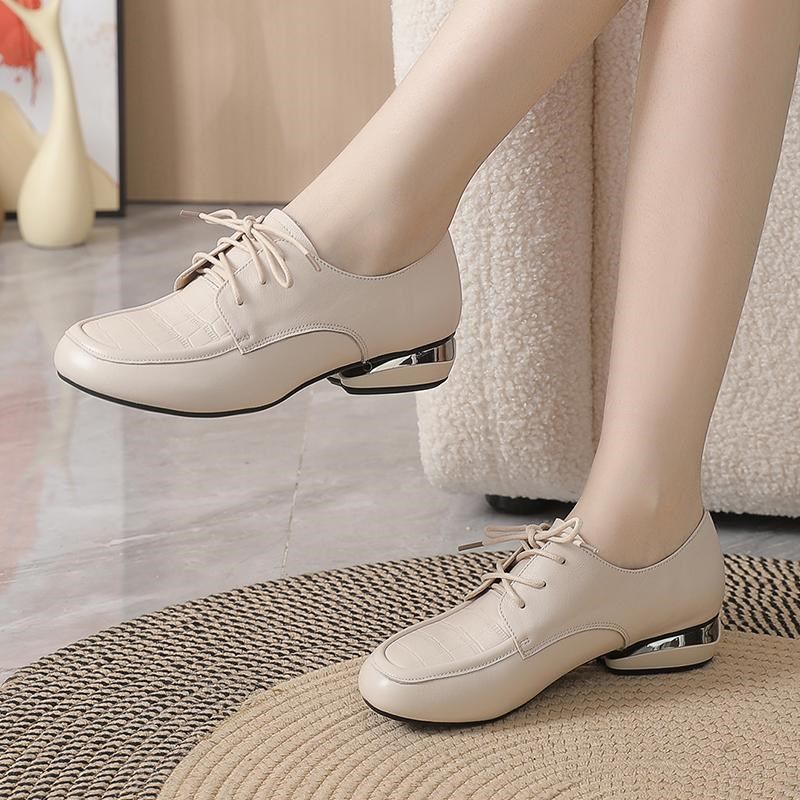头层牛皮春秋单鞋女真皮平底系带米白皮鞋低跟妈妈鞋软底大码女鞋,女鞋,深口单鞋,淘宝优惠券,粉丝福利购,淘宝优惠卷
