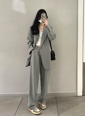 灰色西装外套女2023春秋装韩版小个子宽松休闲西服裤子时尚套装