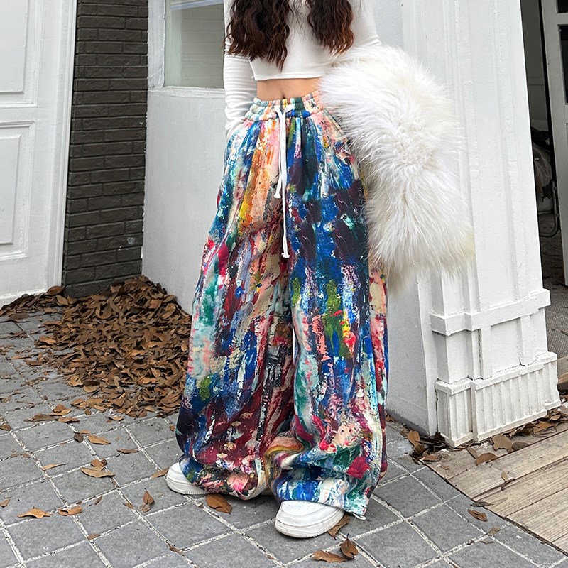 加绒加厚卫裤女潮2024年冬季新款高腰宽松显瘦欧货花色运动阔腿裤
