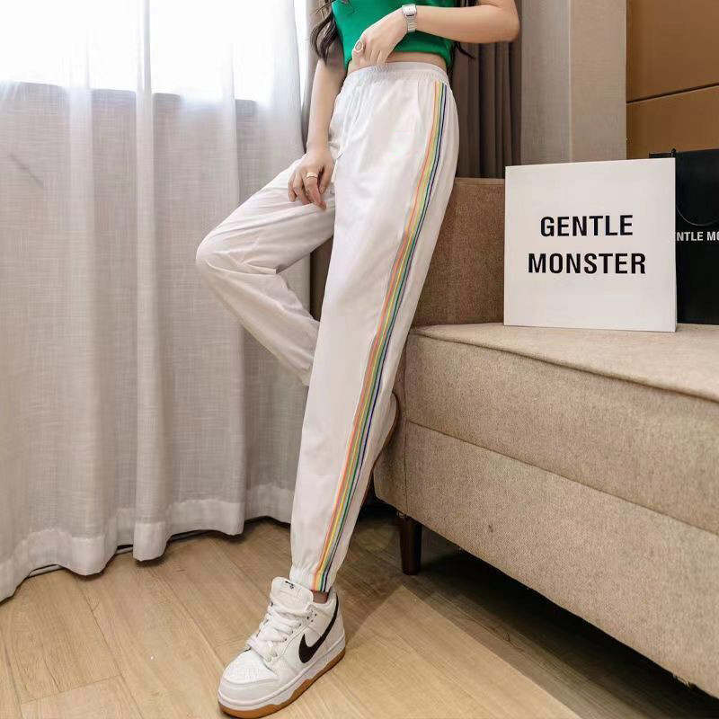 2024夏季新款冰丝速干运动裤女薄款彩虹条纹宽松束脚九分休闲裤女