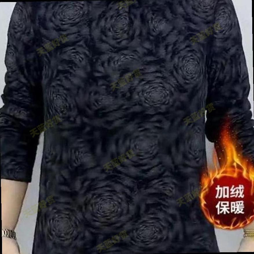 2025新款黑色玫瑰花纹长袖T恤女加绒保暖百搭打底衫妈妈装大码