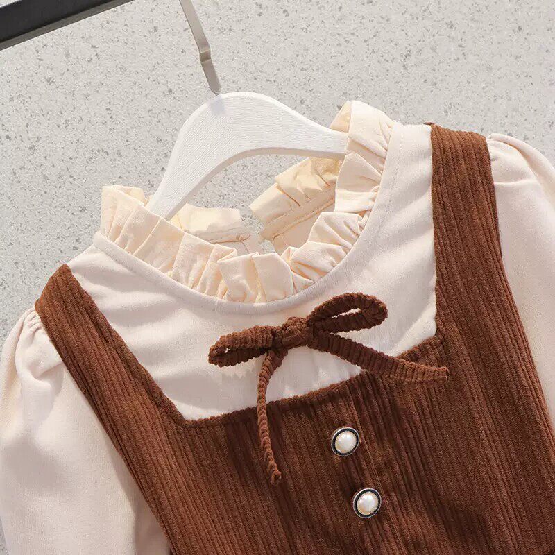 女大童时髦拼色套头连衣裙中小学生春季新款淑女复古风假两件裙子