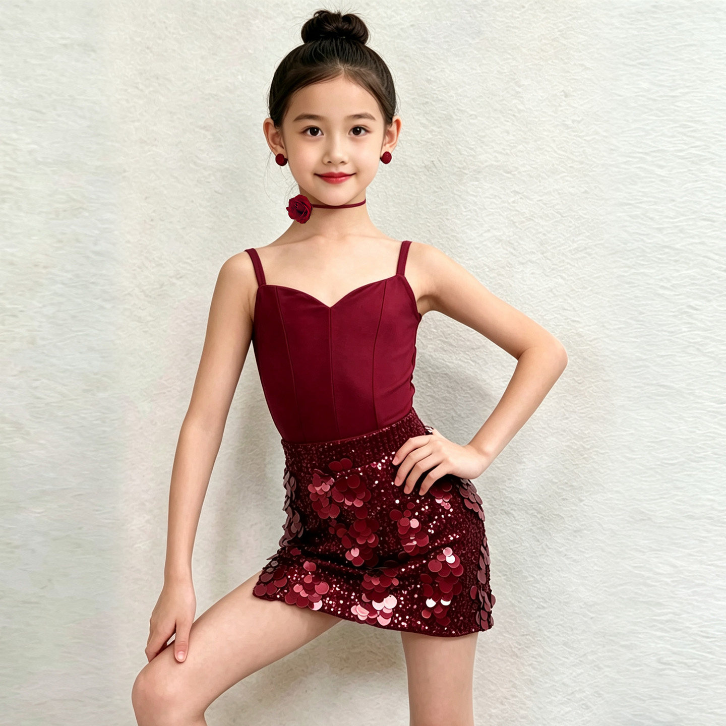 儿童拉丁舞服女童2026新款练功服夏季高级感专业演出服红色亮片裙
