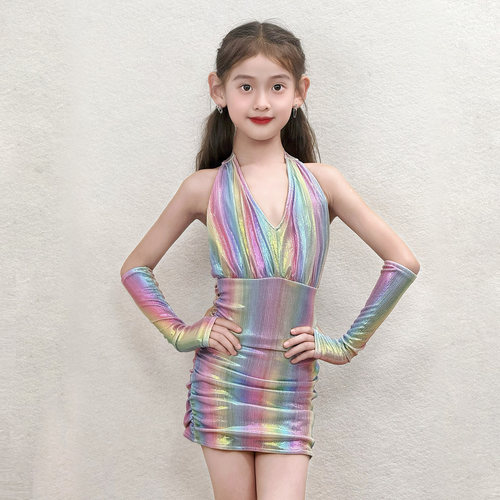 拉丁舞服女童2026新款练功服日常高级感专业演出服彩虹连体裙夏季