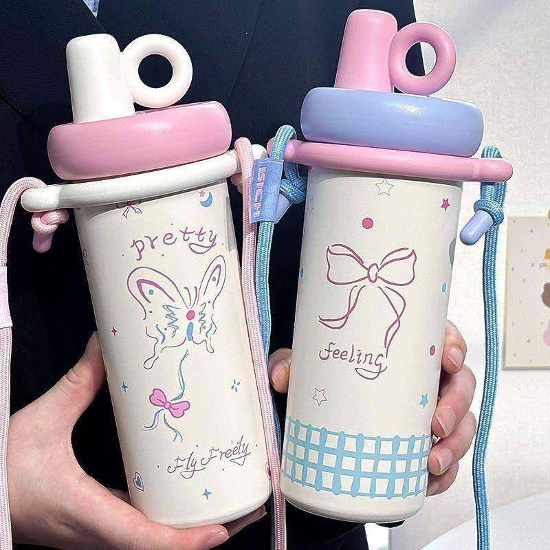 吸管保温杯316学生不锈钢水杯背带高颜值女生大容量便携咖啡杯子