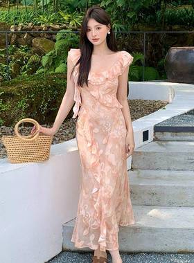 秀熙熙十三行2025夏季新款气质印花纯欲高腰吊带连衣裙女88266