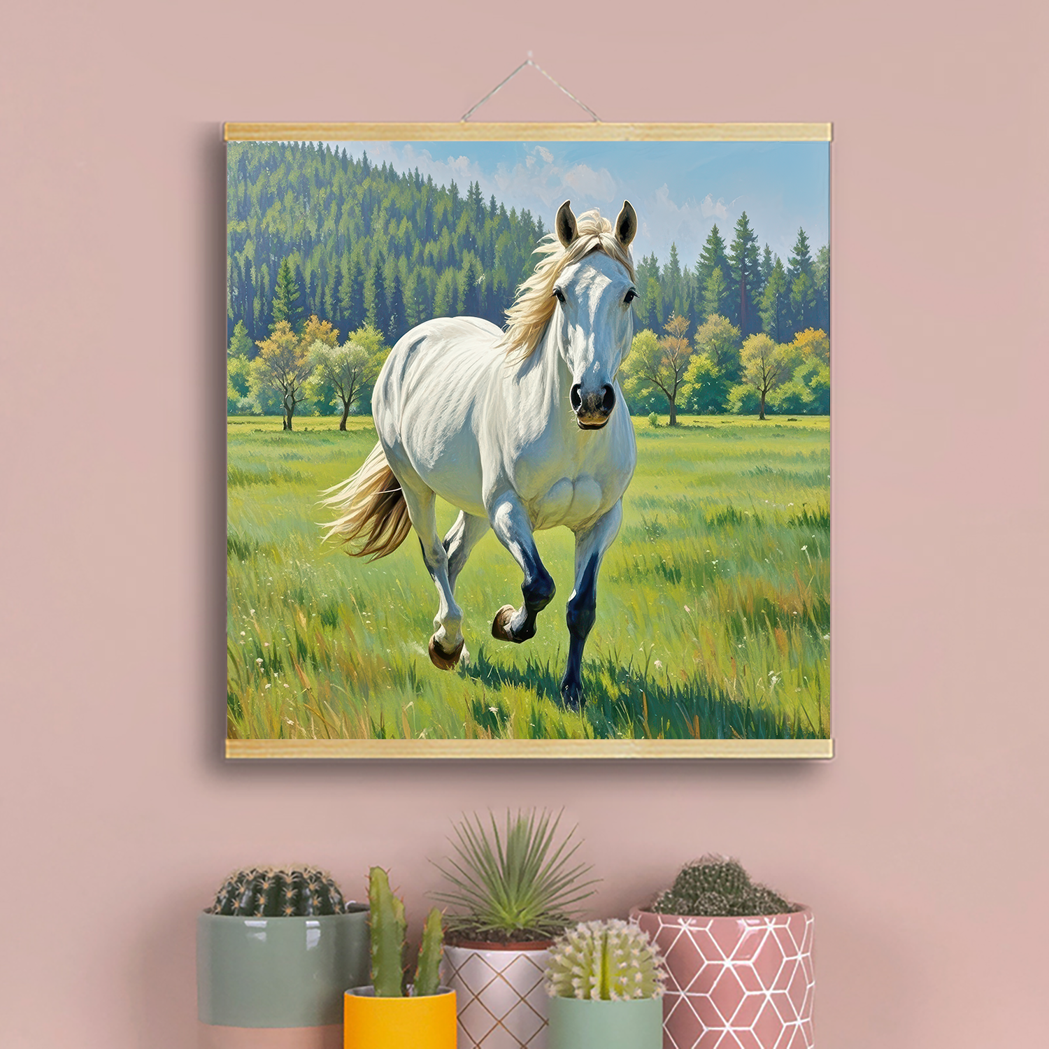 大草原奔跑白马客餐厅装饰画马到成功办公室背景墙实木卷挂轴挂画图片