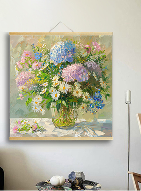 北欧油画风肌理植物繁花朵花卉实木卷轴挂画电表箱墙面遮丑装饰画