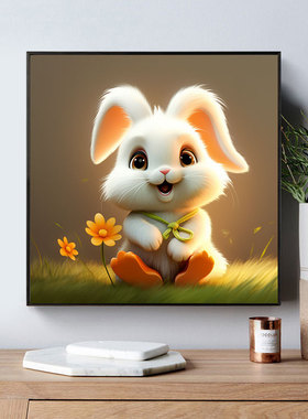 可爱温馨卡通生肖白色兔子儿童房间装饰画男女孩卧室床头挂画摆画