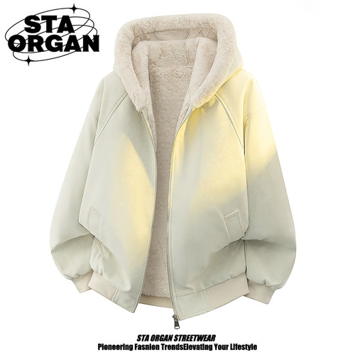 荔枝皮座山雕连帽毛领棉服外套