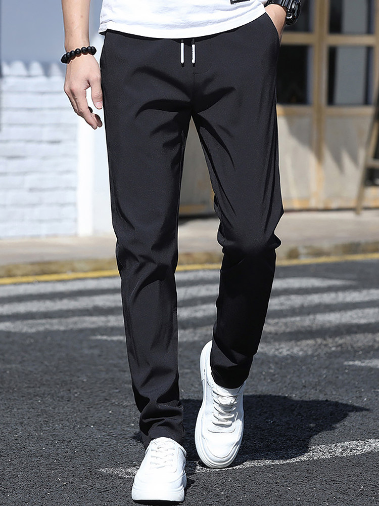 vsSyr黑色运动裤子男士2025夏季冰丝薄款修身直筒百搭休闲长裤子