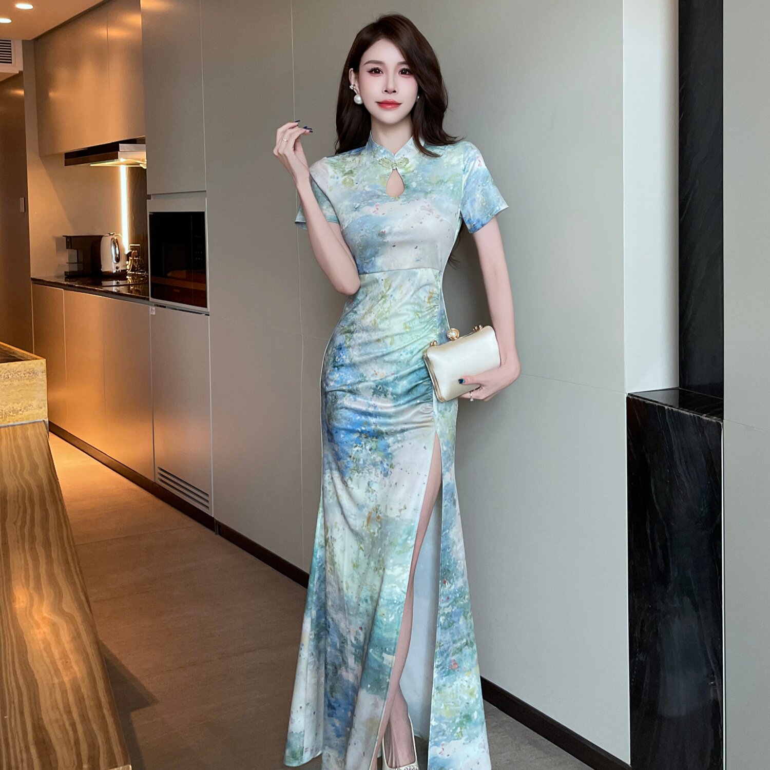 新中式国风碎花旗袍裙女26年春夏新款足浴技师工作服高腰显瘦减龄