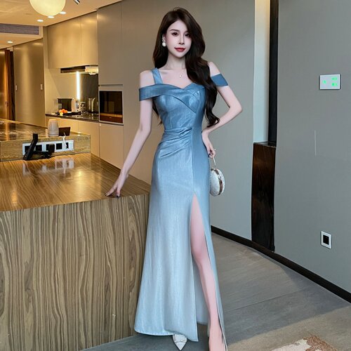渐变色一字肩减龄晚礼服高级感宴会气质性感主持人鱼尾夜场连衣裙