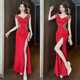 红色重工气质晚礼服高级感主持人高定轻奢小众宴会绝美轻礼服开叉