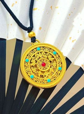 钛钢五福圆满镂空吊坠古法罗盘项链挂件复古毛衣链首饰