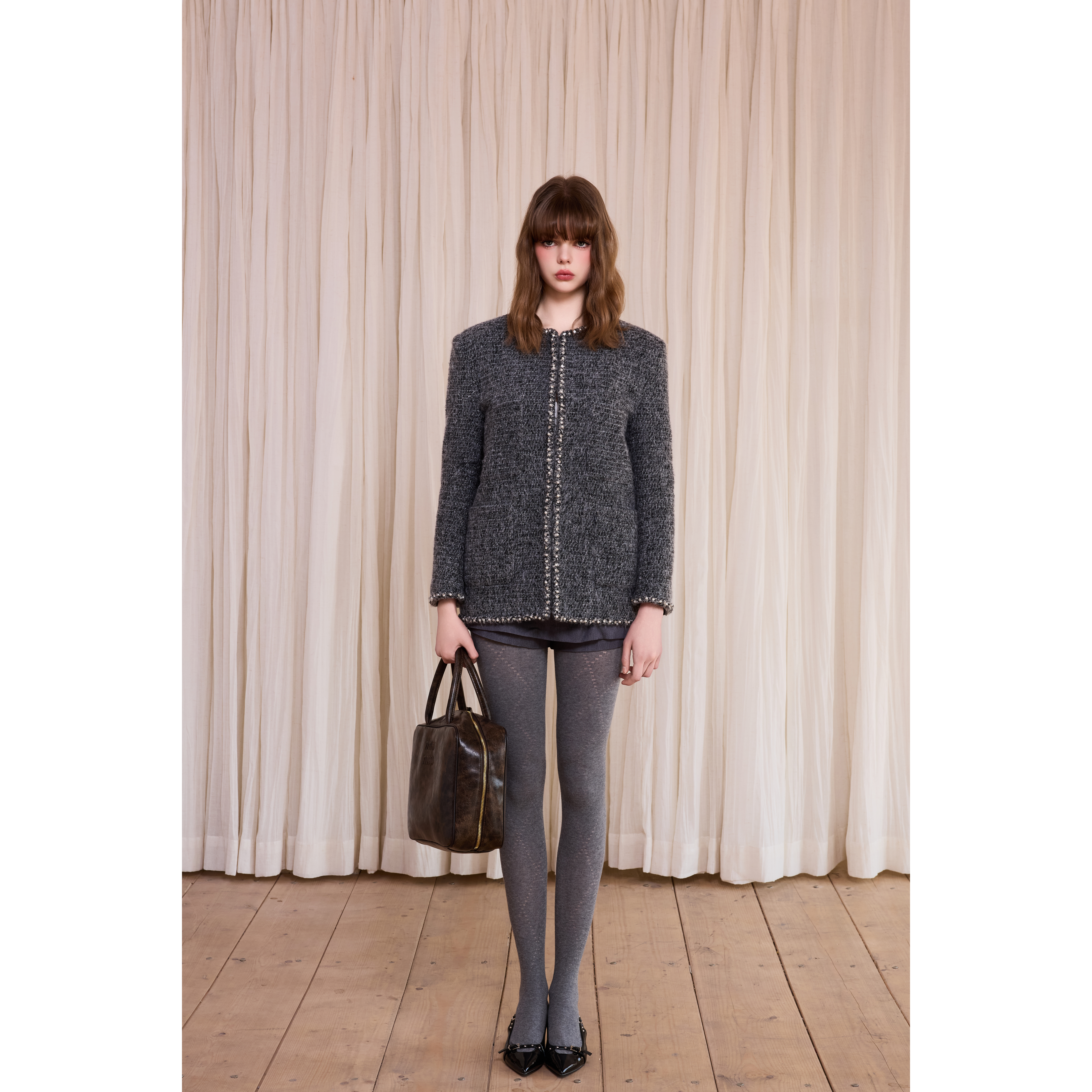 Nisabena 设计款花边银丝灰色小香风外套