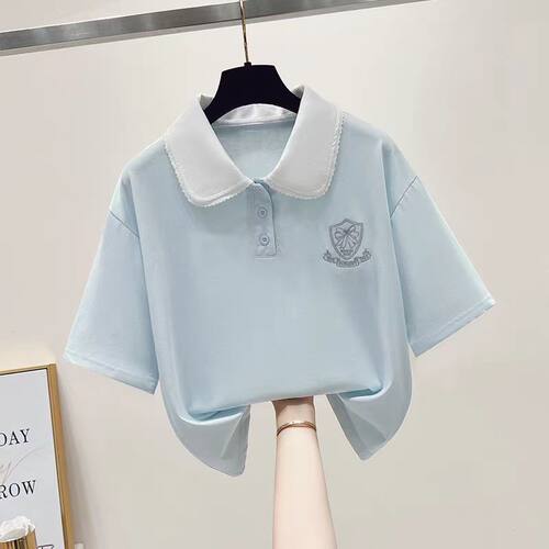 女童新款polo领夏季甜美刺绣T恤学院风短袖休闲宽松上衣时尚百搭