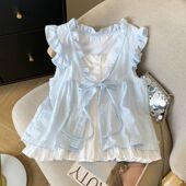 中大童假两件花边边小飞袖 衬衫 宽松上衣百搭洋气 新款 女童2025夏季